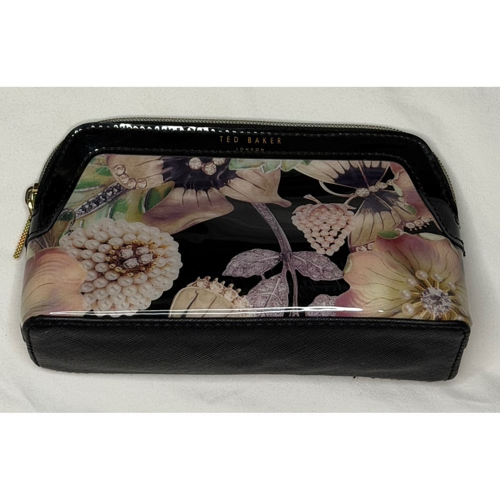 Ted Baker London Floral Butterfly Makeup Bag Black Patent Cosmetic Case Travel